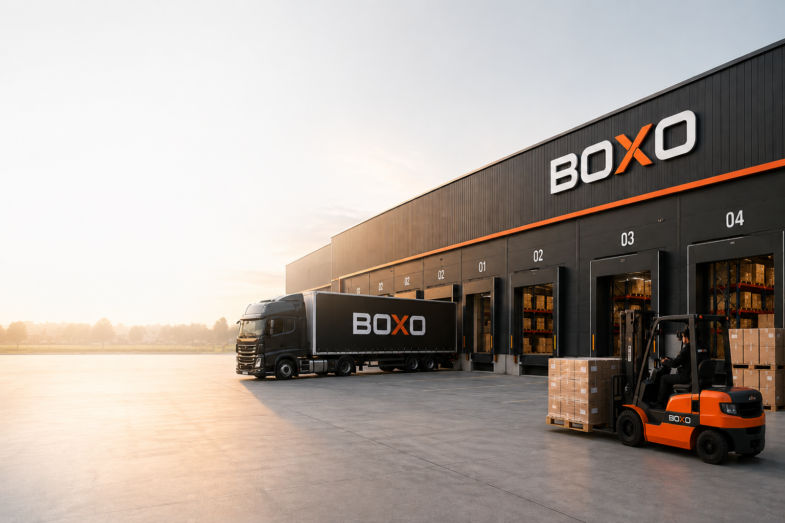 Складской комплекс BOXO с грузовиком и погрузчиком у ворот