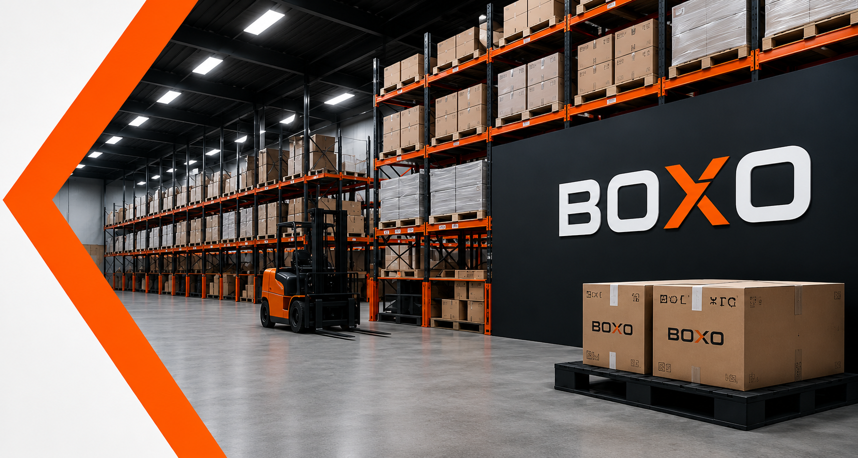 Современный технологичный склад BOXO с фирменными коробками на стеллажах